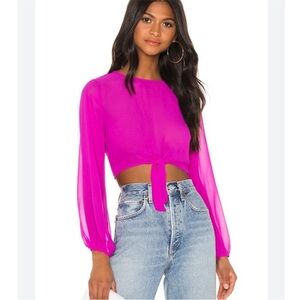 Superdown Revolve Jemma Tie-Front Blouse Women S Sheer Fuchsia Cropped Party Top